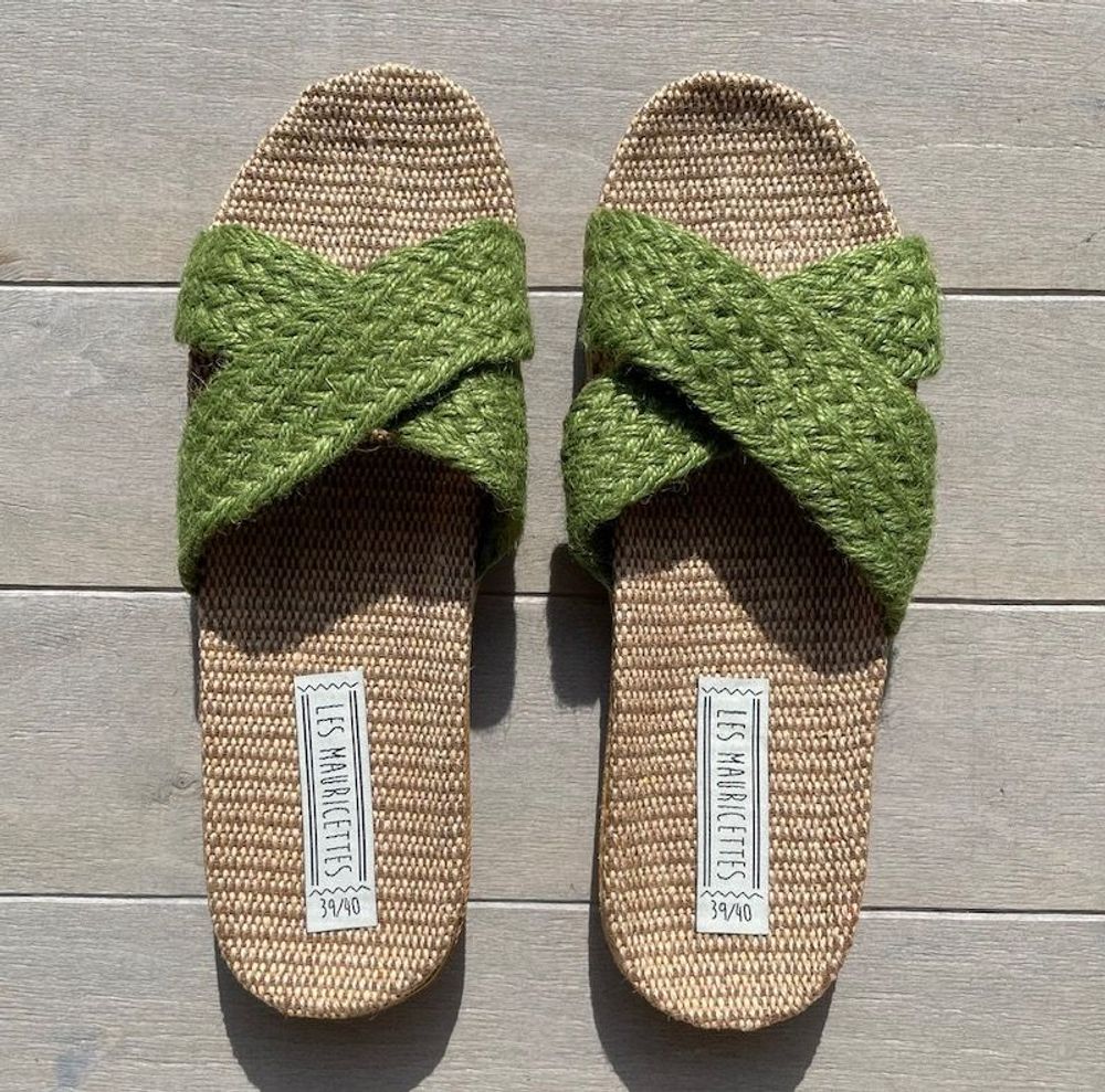 Shoes - LES MAURICETTES by Suzette, green rope flip-flops - LES MAURICETTES