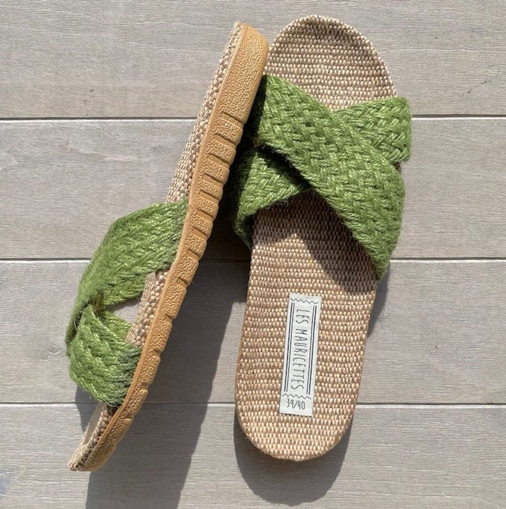 Shoes - LES MAURICETTES by Suzette, green rope flip-flops - LES MAURICETTES