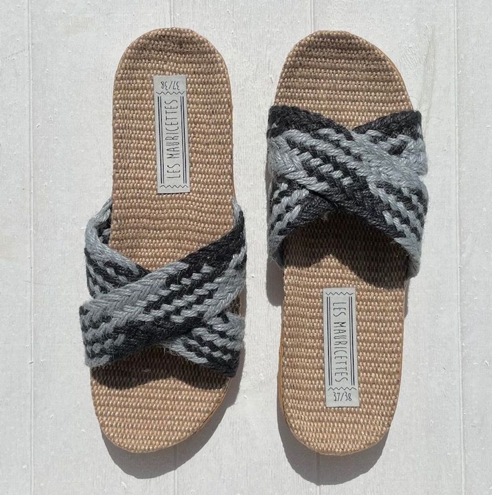 Shoes - LES MAURICETTES by Odile, light gray and black flip-flops - LES MAURICETTES
