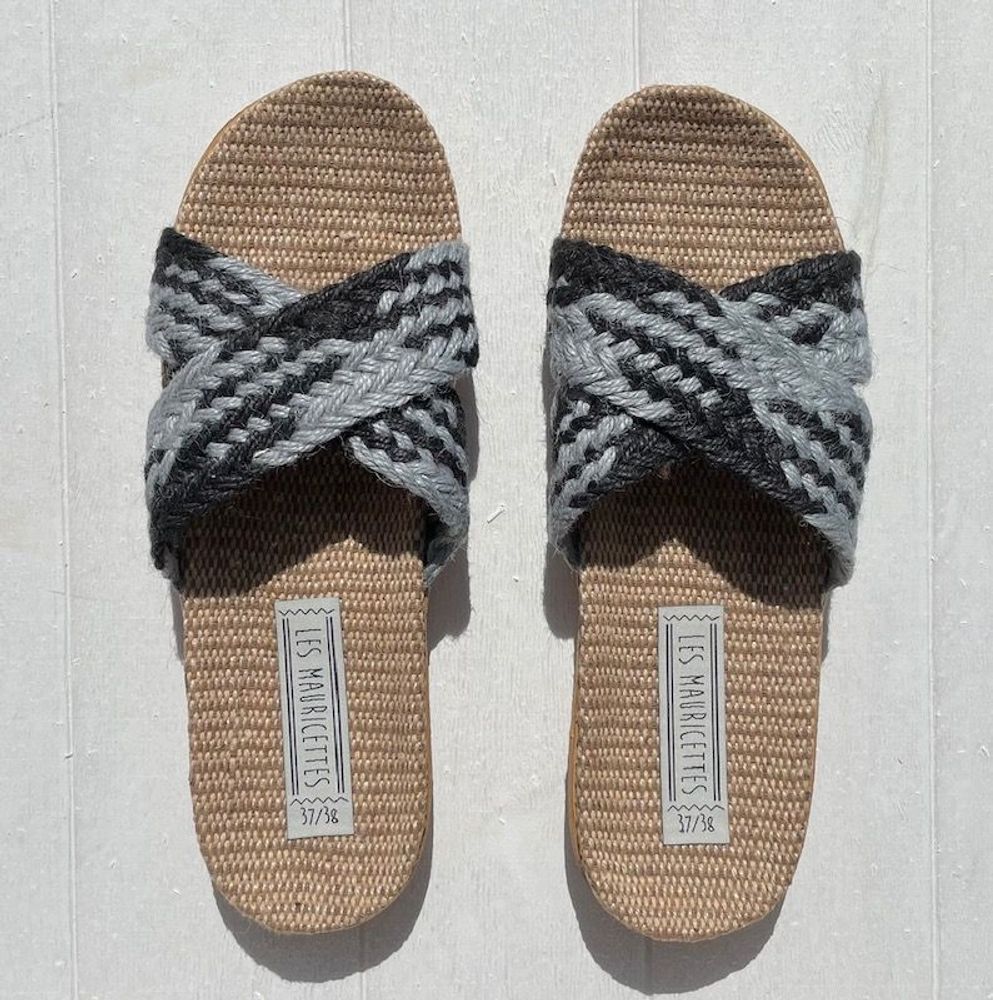 Shoes - LES MAURICETTES by Odile, light gray and black flip-flops - LES MAURICETTES
