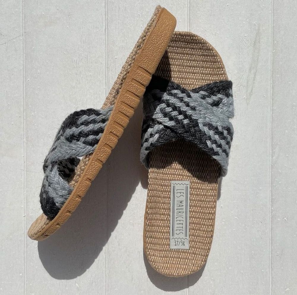 Shoes - LES MAURICETTES by Odile, light gray and black flip-flops - LES MAURICETTES
