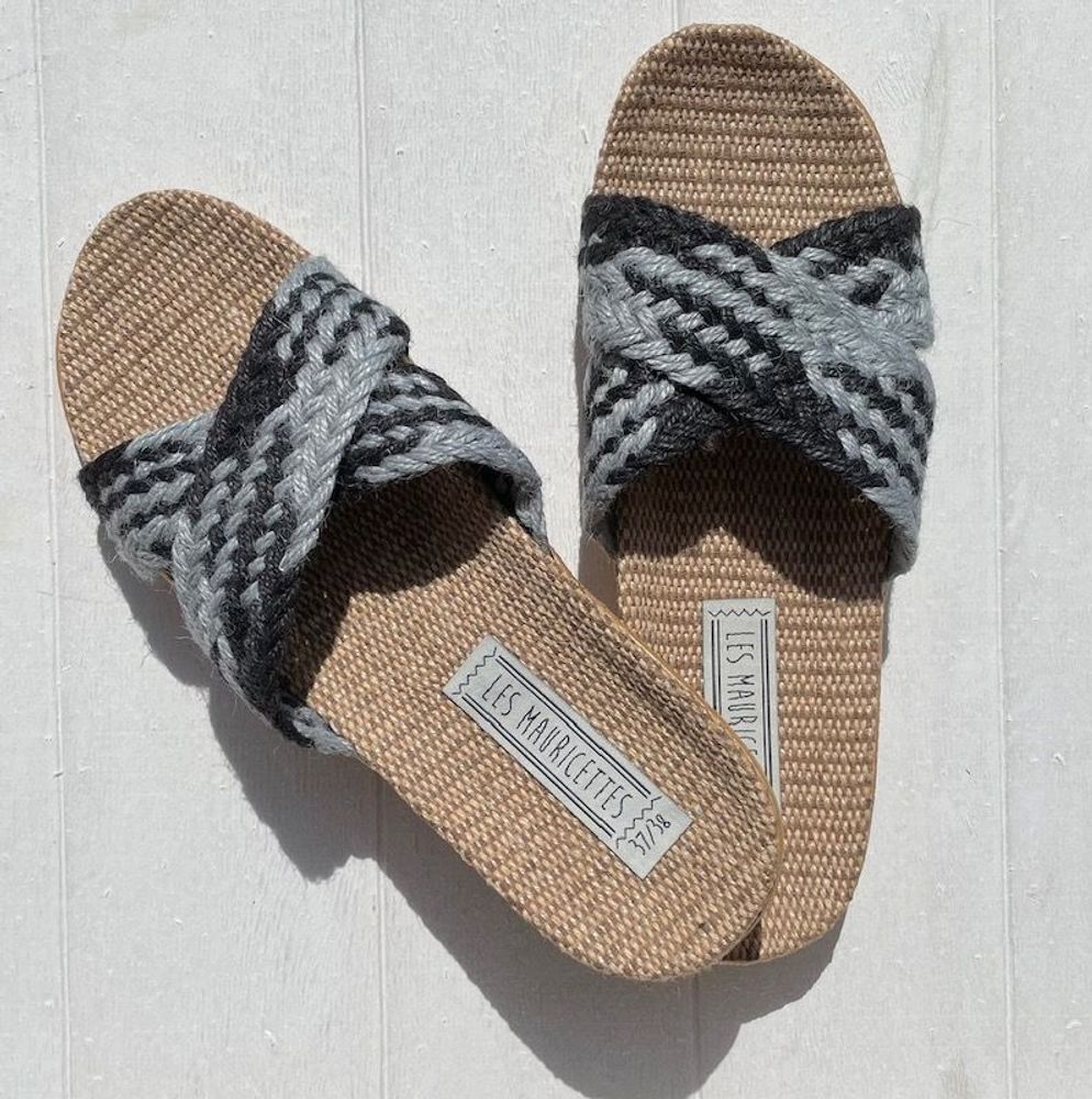 Shoes - LES MAURICETTES by Odile, light gray and black flip-flops - LES MAURICETTES