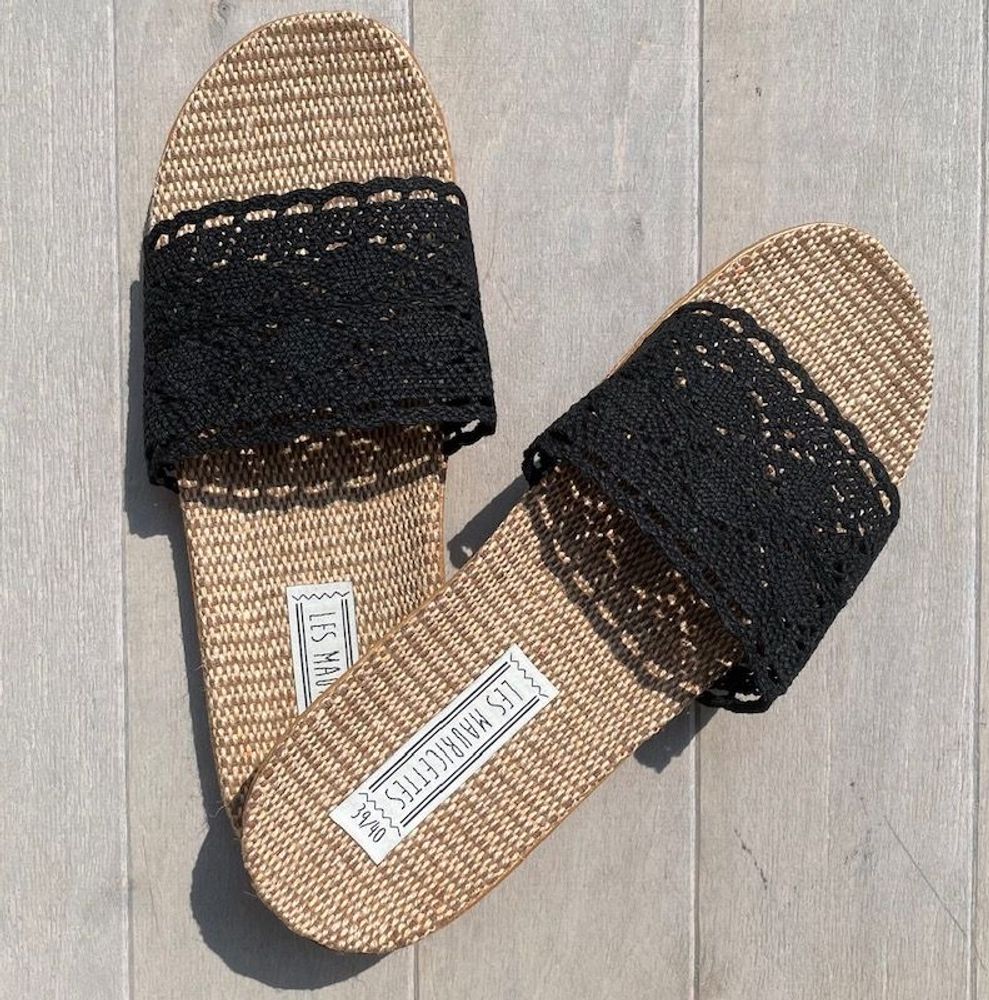 Shoes - LES MAURICETTES by Jeannette, light black crochet flip-flops - LES MAURICETTES