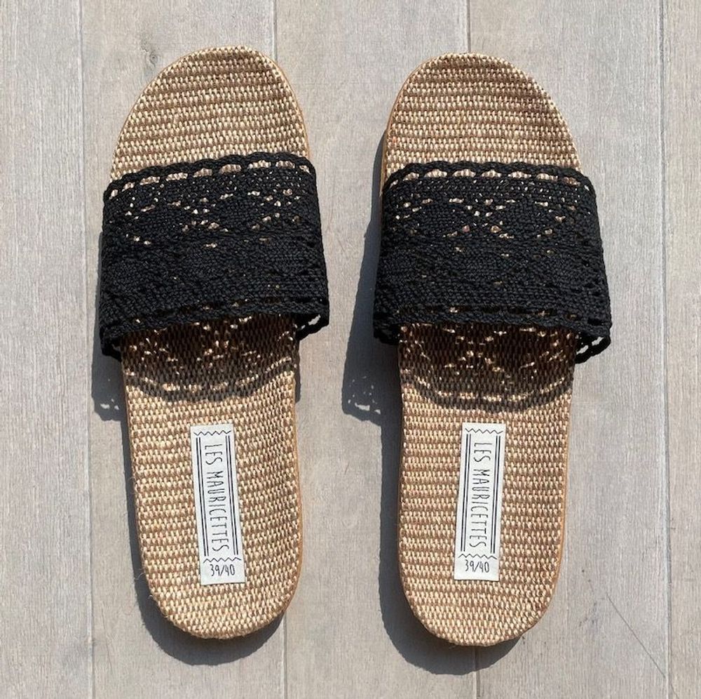 Shoes - LES MAURICETTES by Jeannette, light black crochet flip-flops - LES MAURICETTES