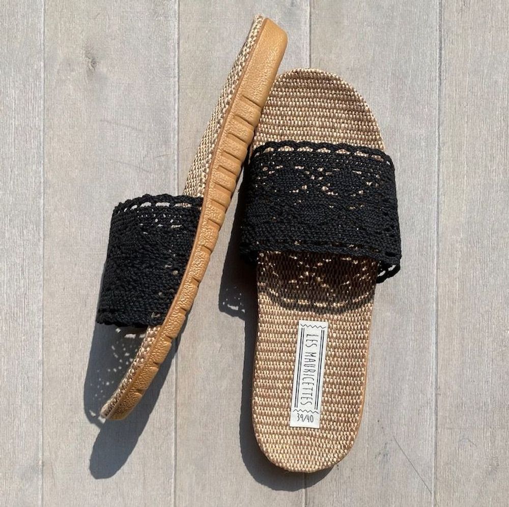 Shoes - LES MAURICETTES by Jeannette, light black crochet flip-flops - LES MAURICETTES
