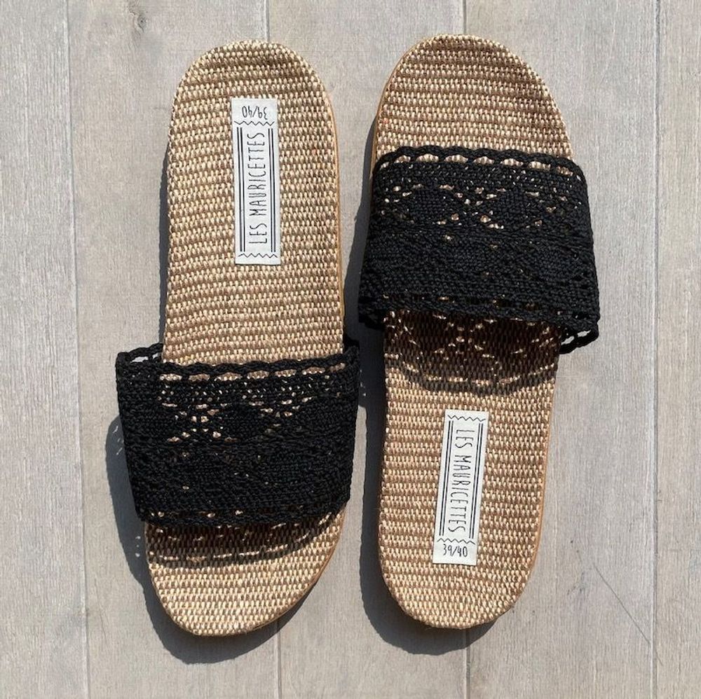 Shoes - LES MAURICETTES by Jeannette, light black crochet flip-flops - LES MAURICETTES