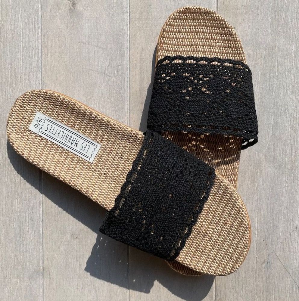 Shoes - LES MAURICETTES by Jeannette, light black crochet flip-flops - LES MAURICETTES