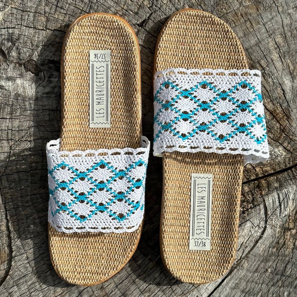 Loungewear - LES MAURICETTES by Candice, light turquoise crochet flip-flops - LES MAURICETTES