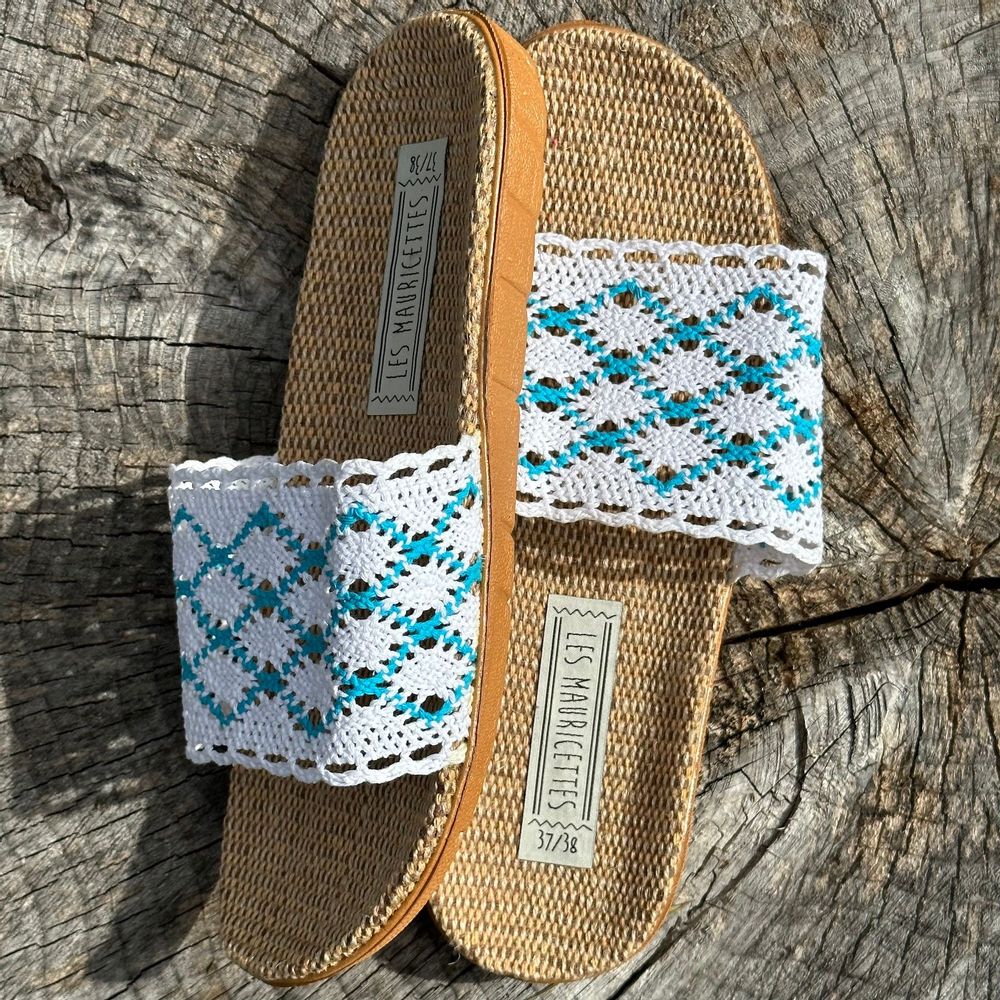 Loungewear - LES MAURICETTES by Candice, light turquoise crochet flip-flops - LES MAURICETTES