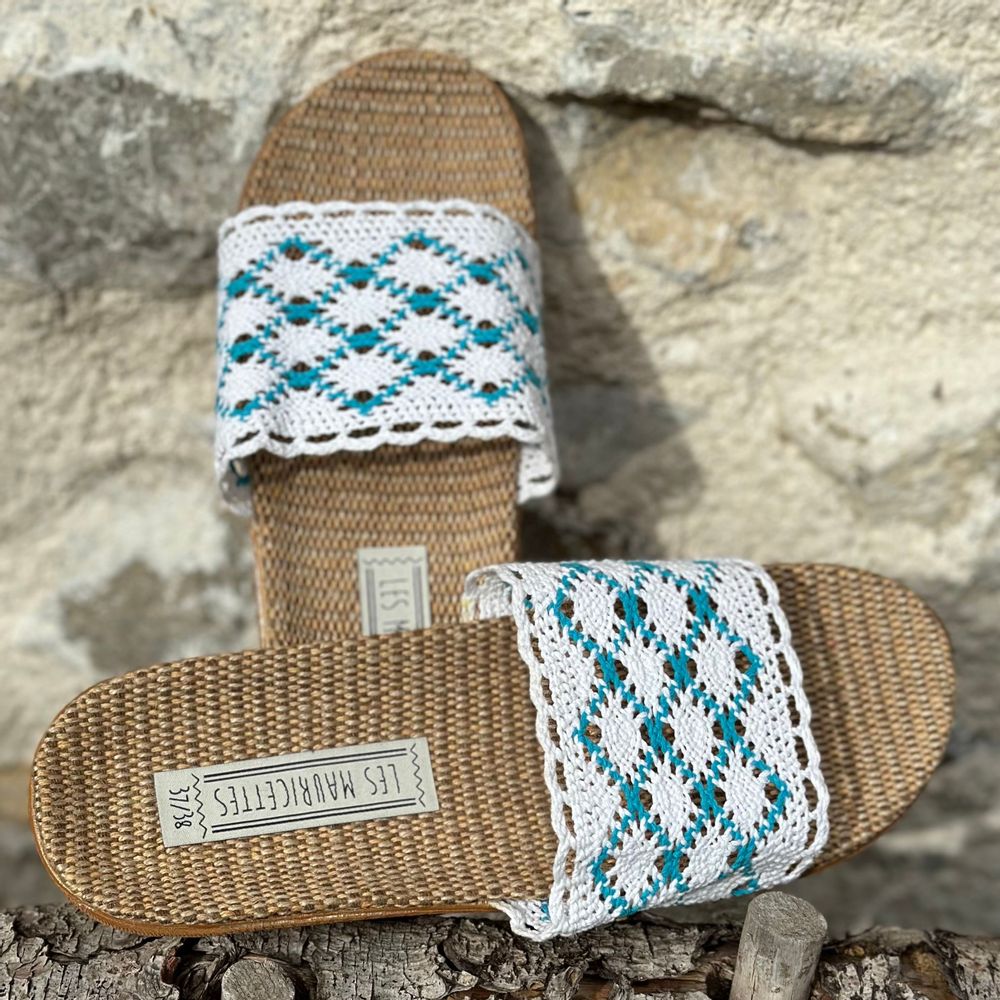 Loungewear - LES MAURICETTES by Candice, light turquoise crochet flip-flops - LES MAURICETTES