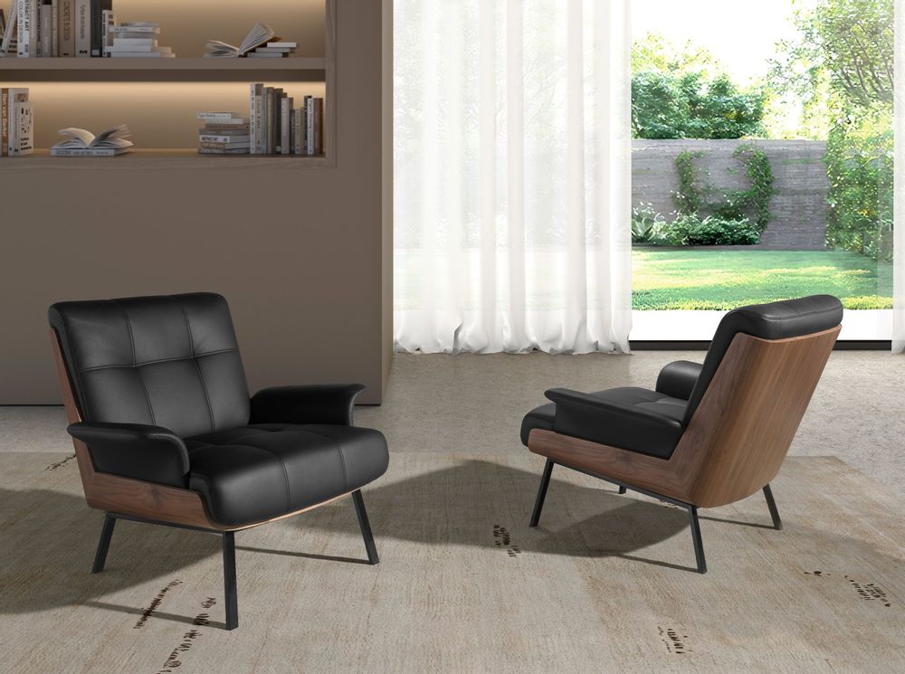 Fauteuils - Fauteuil en similicuir noir et noyer - ANGEL CERDÁ