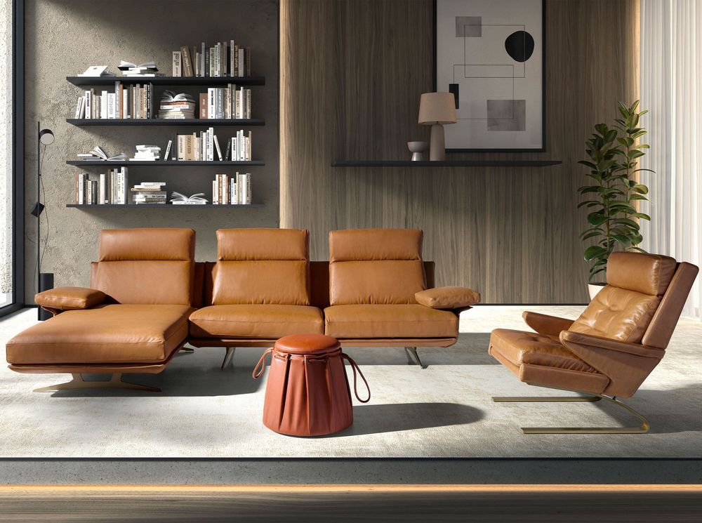 Sofas - Left chaise longue sofa in terracotta brown leather - ANGEL CERDÁ