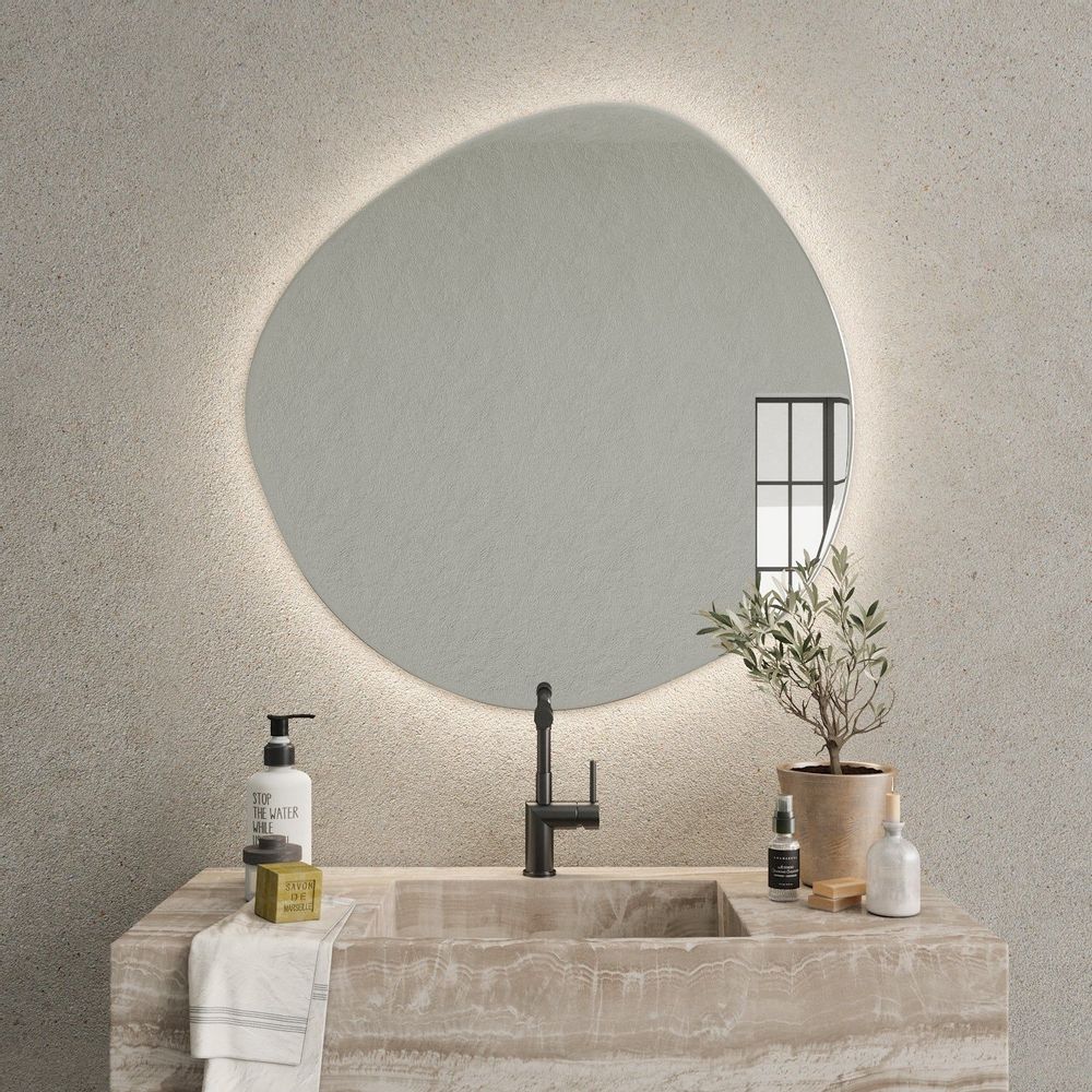 Mirrors - Stone - Asymmetrical Mirror With Lights (90x90cm) - SCANDINAVIAN GLASSFACTORY
