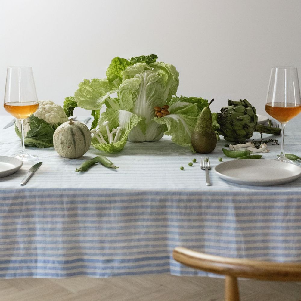 Table linen - Blue Stripes Linen Tablecloth 140 x 260 cm - OURY HOME