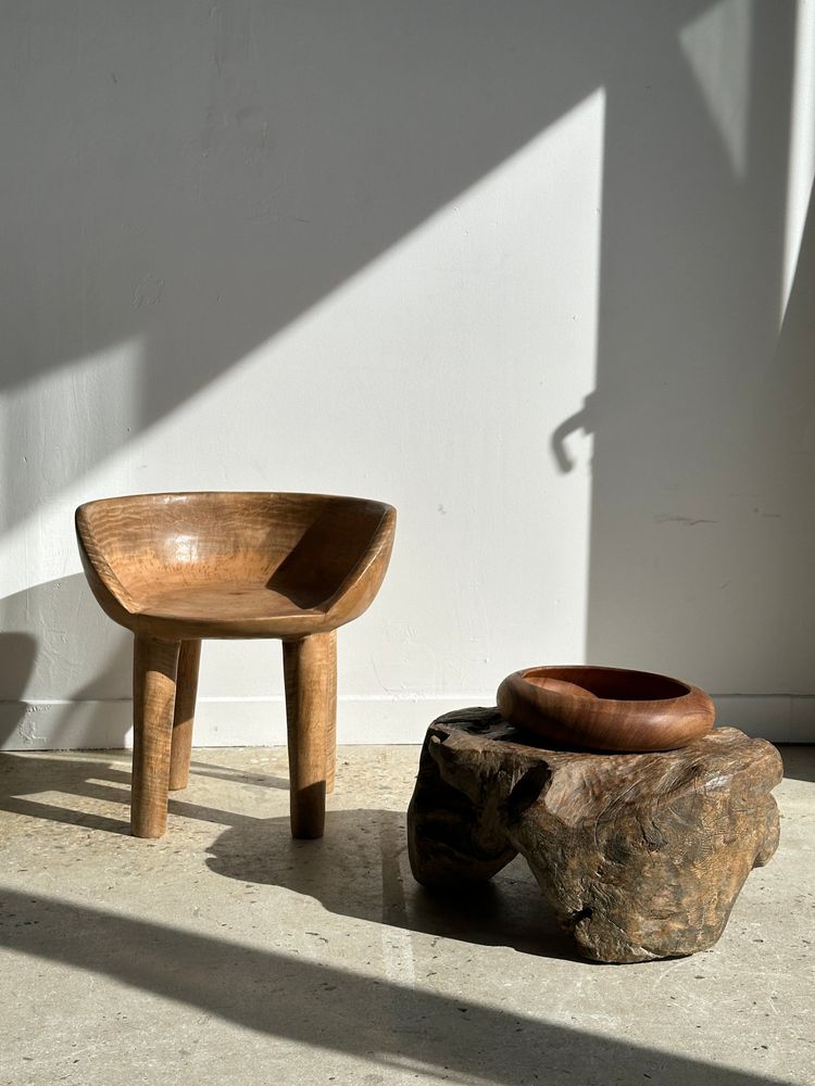 Chairs - Quadripod chair with round seat and small back in natural monoxyl mango wood - OFFICE OBJETS
