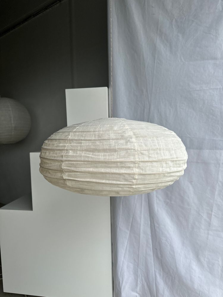 Hanging lights - Large suspension in rattan and natural linen Japanese style flattened oval H35 D60 - OFFICE OBJETS