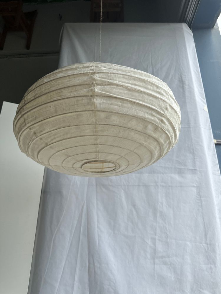 Hanging lights - Large suspension in rattan and natural linen Japanese style flattened oval H35 D60 - OFFICE OBJETS