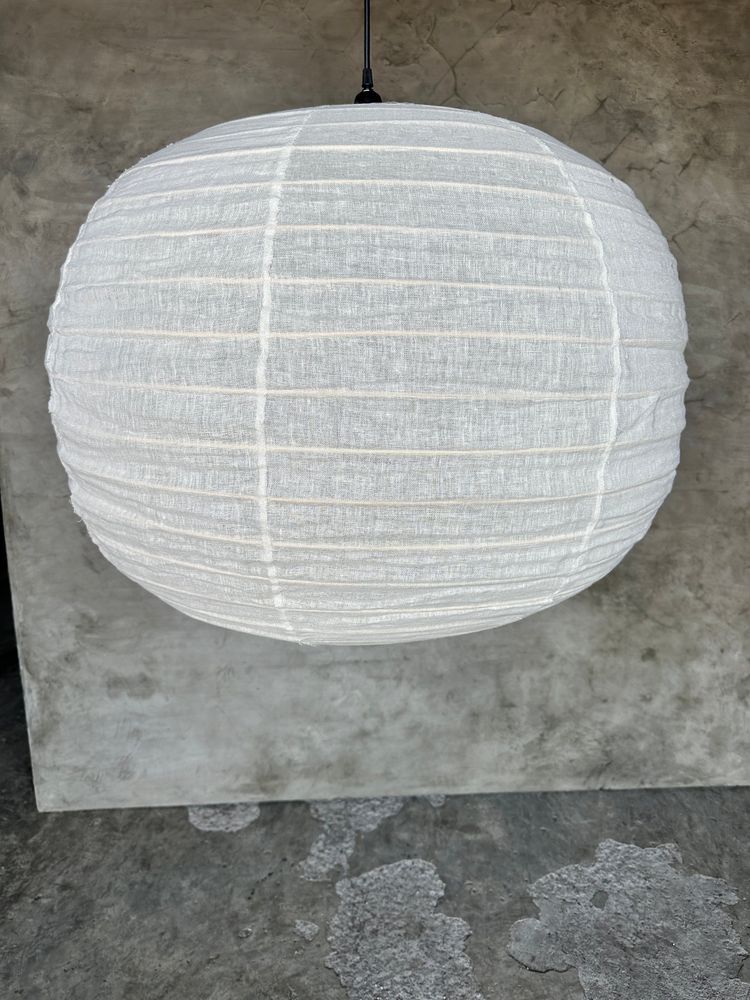 Hanging lights - Large pendant lamp in rattan and natural linen Japanese style flattened round (Labu) H57 D80 - OFFICE OBJETS
