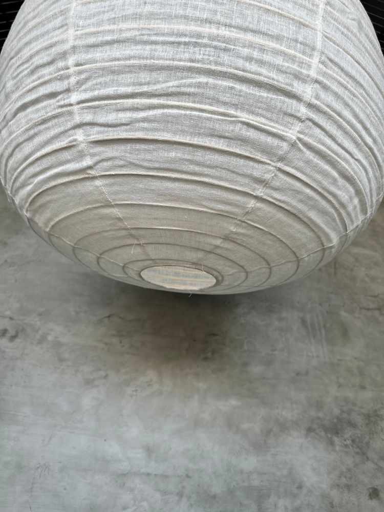 Hanging lights - Large pendant lamp in rattan and natural linen Japanese style flattened round (Labu) H57 D80 - OFFICE OBJETS