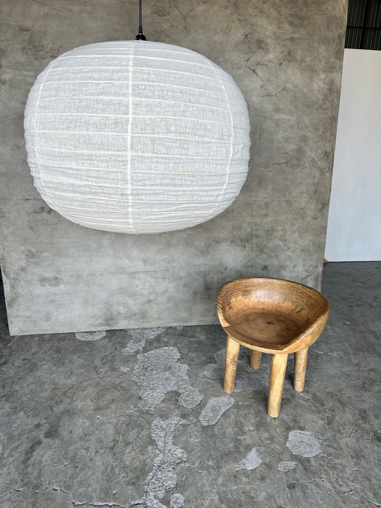 Hanging lights - Large pendant lamp in rattan and natural linen Japanese style flattened round (Labu) H57 D80 - OFFICE OBJETS