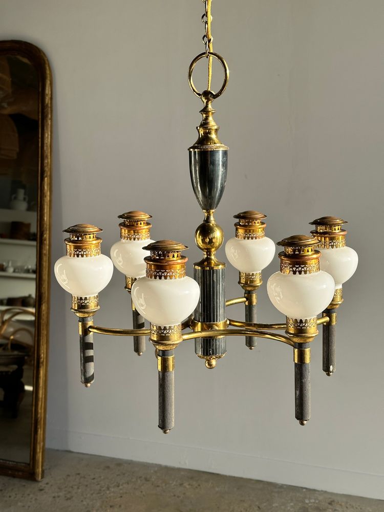 Hanging lights - Empire style chandelier in white opaline glass, gold and black metal with six arms of light - OFFICE OBJETS