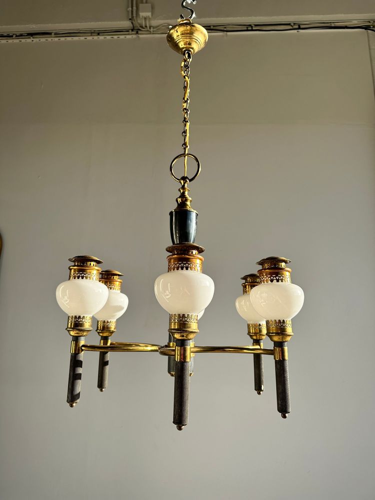 Hanging lights - Empire style chandelier in white opaline glass, gold and black metal with six arms of light - OFFICE OBJETS