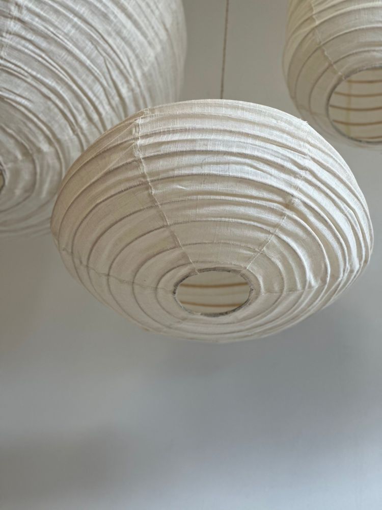 Hanging lights - Medium suspension in rattan and natural linen Japanese style flattened oval H30 D45 - OFFICE OBJETS