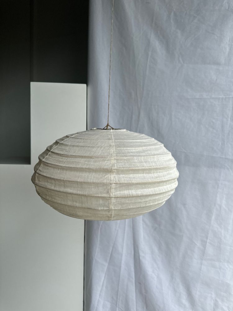 Hanging lights - Medium suspension in rattan and natural linen Japanese style flattened oval H30 D45 - OFFICE OBJETS