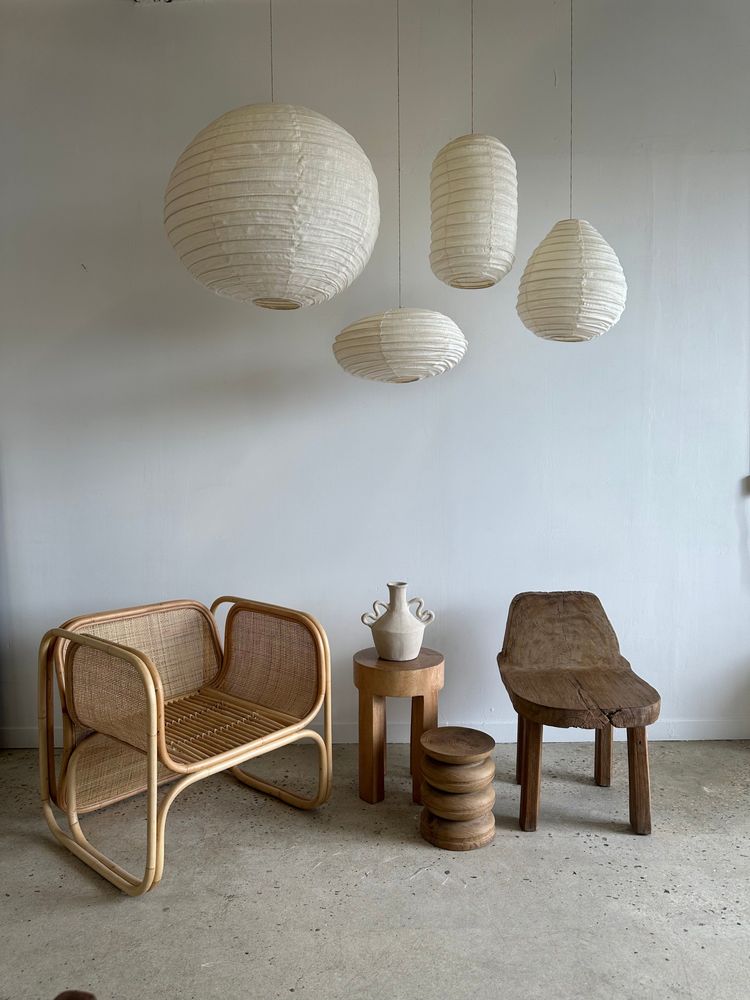 Hanging lights - Medium suspension in rattan and natural linen Japanese style flattened oval H30 D45 - OFFICE OBJETS