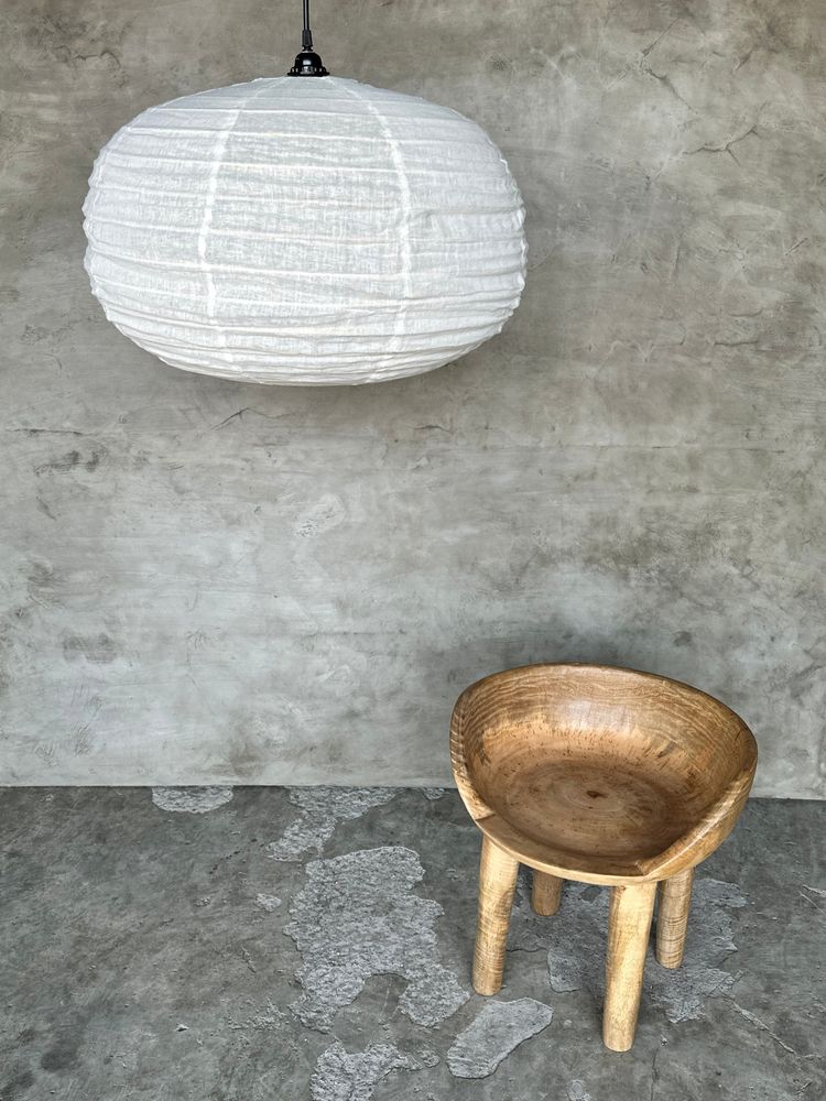 Hanging lights - Medium suspension in rattan and natural linen Japanese style flattened round (Labu) H35 D60 - OFFICE OBJETS