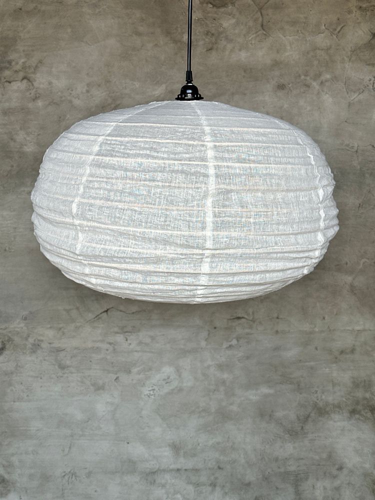 Hanging lights - Medium suspension in rattan and natural linen Japanese style flattened round (Labu) H35 D60 - OFFICE OBJETS