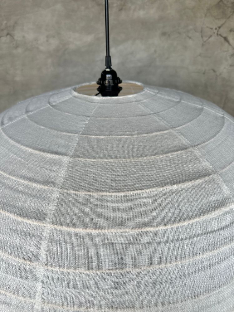 Hanging lights - Medium suspension in rattan and natural linen Japanese style flattened round (Labu) H35 D60 - OFFICE OBJETS