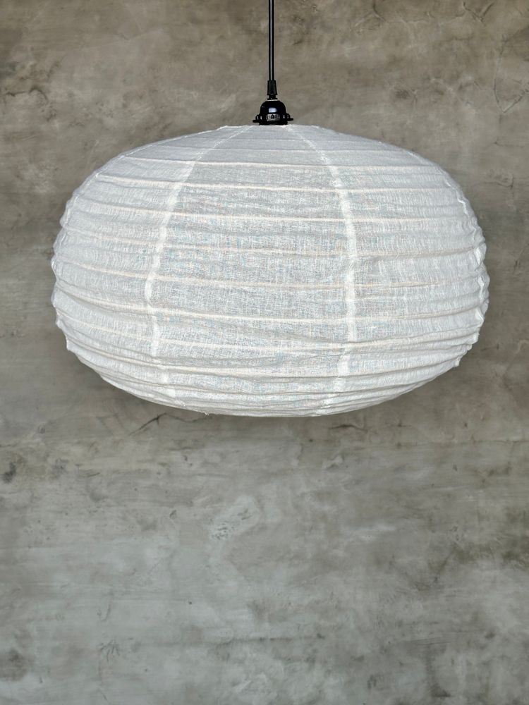 Hanging lights - Medium suspension in rattan and natural linen Japanese style flattened round (Labu) H35 D60 - OFFICE OBJETS