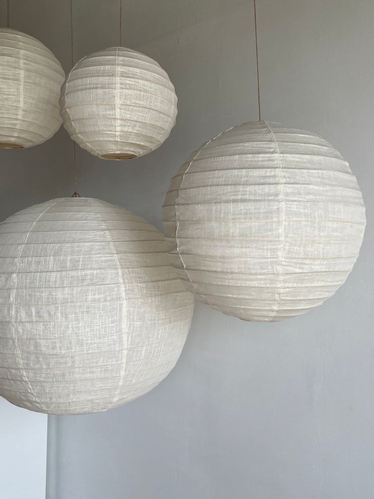 Hanging lights - Medium round Japanese-style rattan and natural linen pendant light D:40 - OFFICE OBJETS
