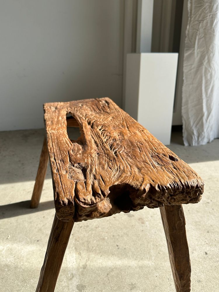 Benches - Small organic bench in upcycled Asian teak quadripod openwork seat - Matahari - OFFICE OBJETS
