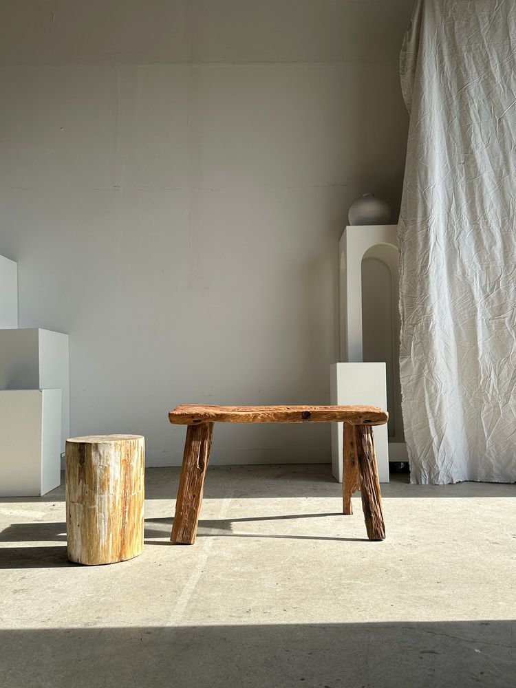 Benches - Small organic bench in upcycled Asian teak quadripod openwork seat - Matahari - OFFICE OBJETS
