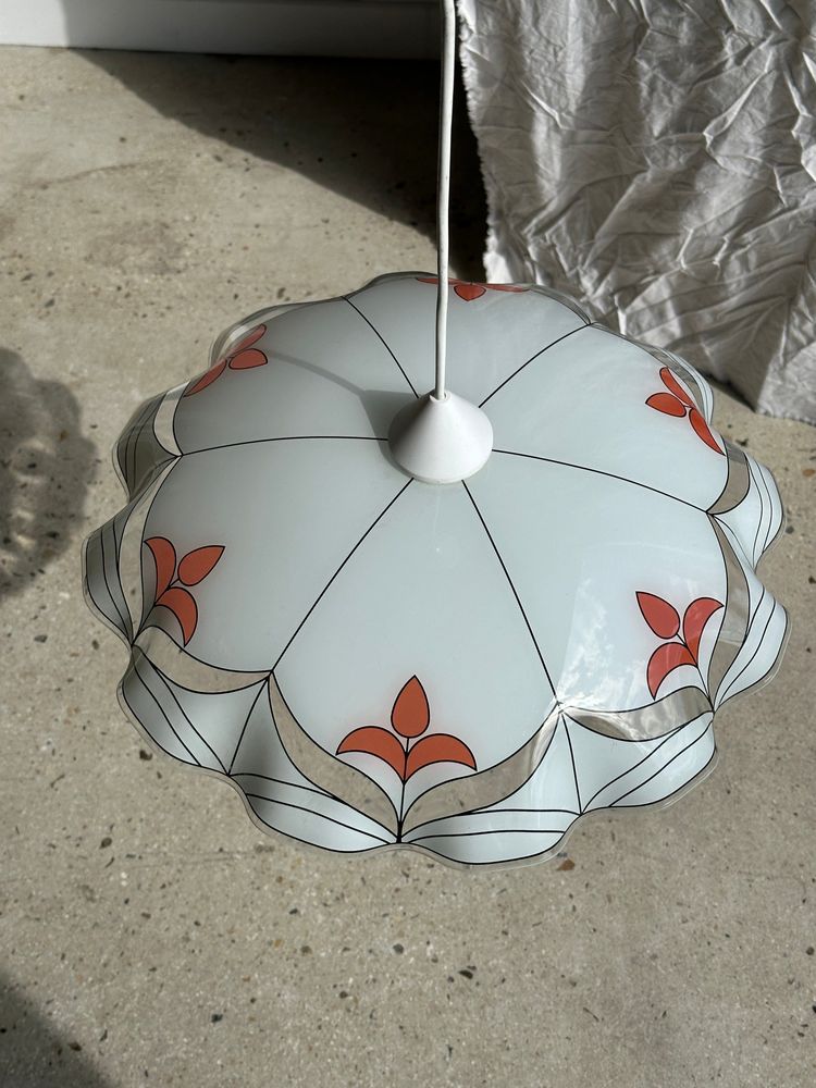 Suspensions - Petit lustre vintage en verre blanc et orange, motifs géométriques D:43 - OFFICE OBJETS