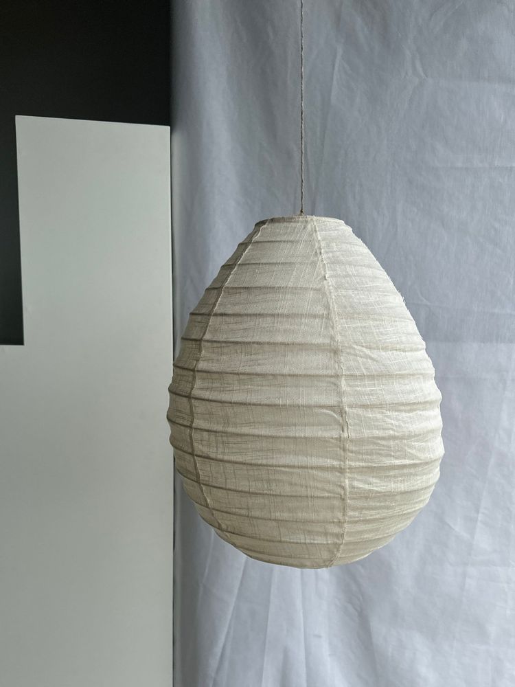 Hanging lights - Small Japanese-style natural rattan and linen pendant light in the shape of a drop H40 D35 - OFFICE OBJETS
