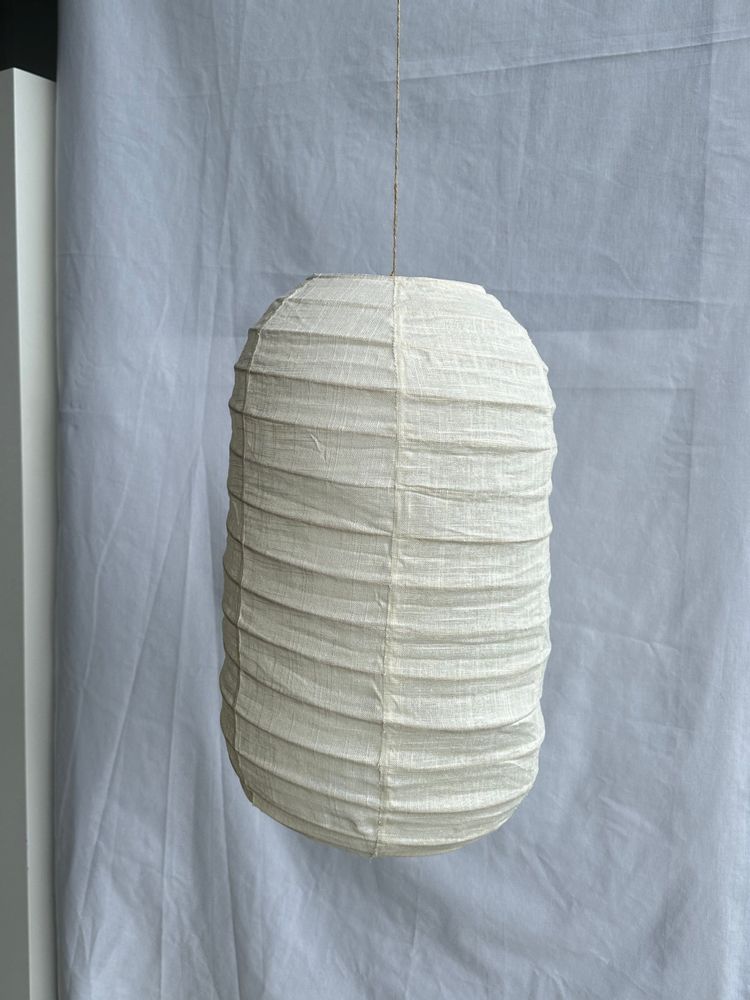 Hanging lights - Small Japanese-style natural rattan and linen pendant lamp in the shape of a lantern H50 D30 - OFFICE OBJETS
