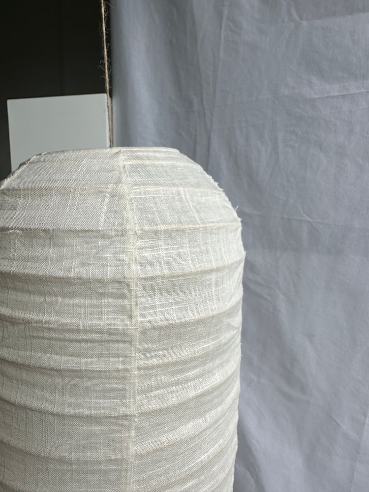 Hanging lights - Small Japanese-style natural rattan and linen pendant lamp in the shape of a lantern H50 D30 - OFFICE OBJETS