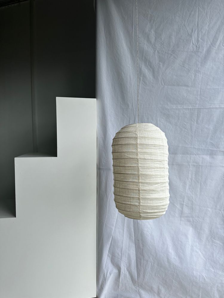Hanging lights - Small Japanese-style natural rattan and linen pendant lamp in the shape of a lantern H50 D30 - OFFICE OBJETS