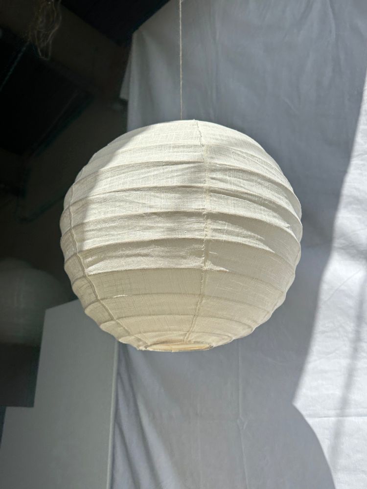 Hanging lights - Small round Japanese-style rattan and natural linen pendant light D:30 - OFFICE OBJETS