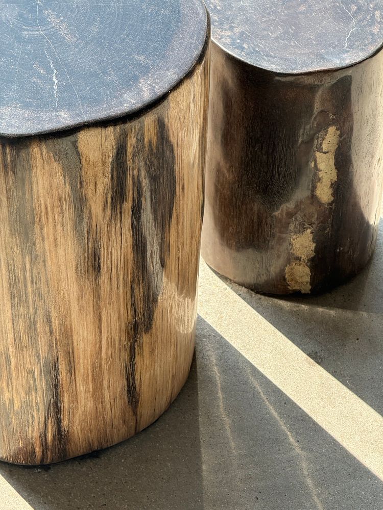 Autres tables - Table d'appoint en bois pétrifié cœur noir écorce capuccino H40 D25 - OFFICE OBJETS