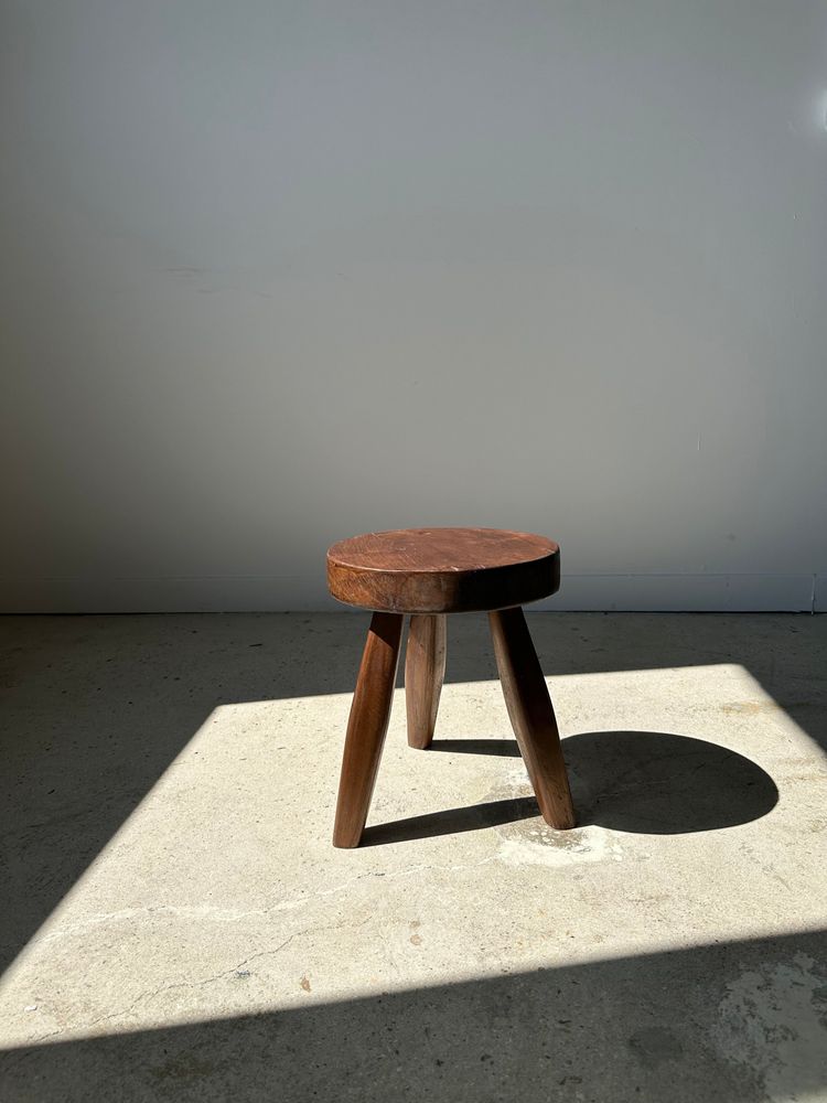 Stools - Tripod stool in upcycled teak, low flat - Small tripod stool in brown solid wood, flat circular seat H:35cm D:30cm - OFFICE OBJETS