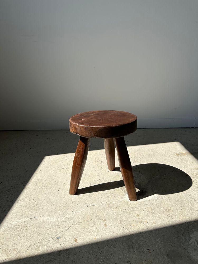 Stools - Tripod stool in upcycled teak, low flat - Small tripod stool in brown solid wood, flat circular seat H:35cm D:30cm - OFFICE OBJETS