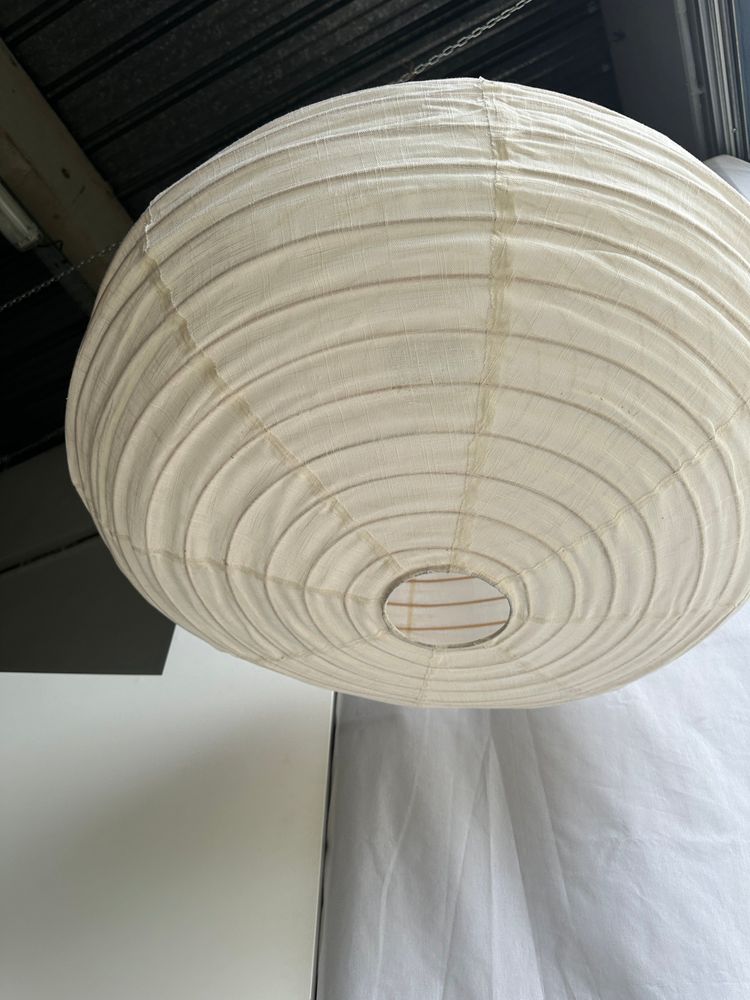Suspensions - Très grande suspension en rotin et lin naturel japonisante ovale aplatie H45 D80 - OFFICE OBJETS