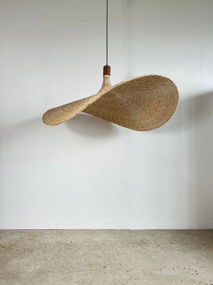 Hanging lights - Very large pendant light, hat-shaped rattan light, teak finish D: 125 - OFFICE OBJETS