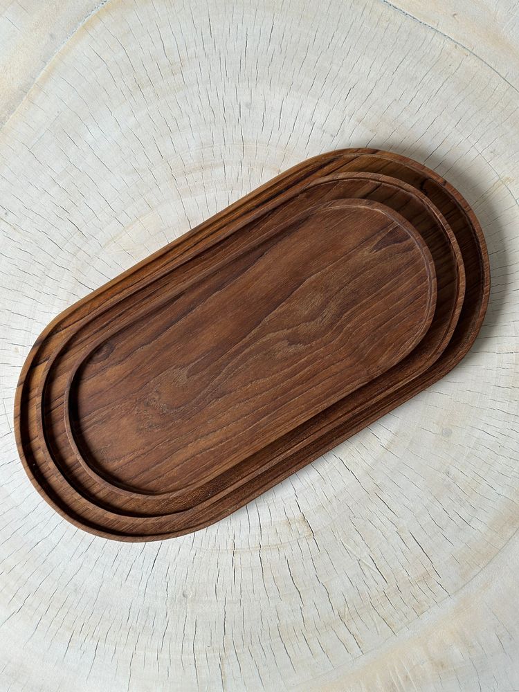 Plats et saladiers - Trio de petits plateaux ou coupelles ovales en teck monoxyle - OFFICE OBJETS