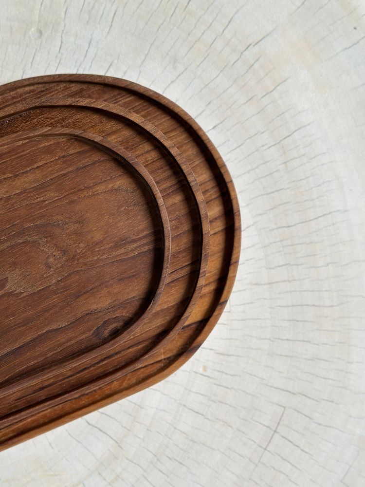 Plats et saladiers - Trio de petits plateaux ou coupelles ovales en teck monoxyle - OFFICE OBJETS