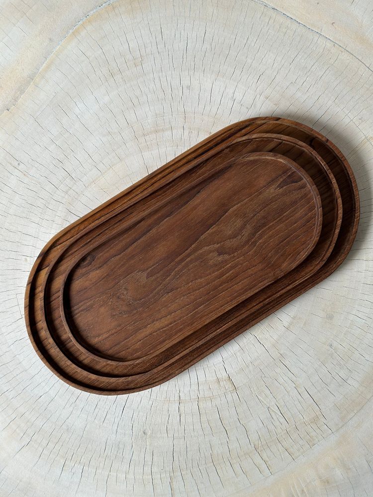 Plats et saladiers - Trio de petits plateaux ou coupelles ovales en teck monoxyle - OFFICE OBJETS